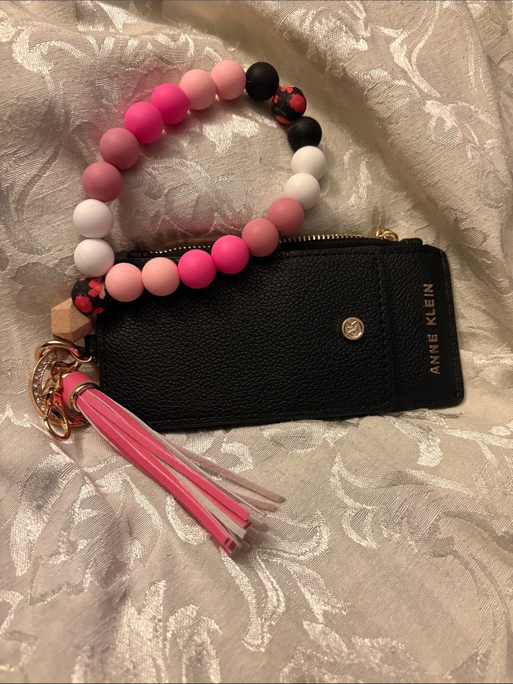 NWOT Anne Klein Black Card Wallet & Handmade Pink Silicone Wristlet Set